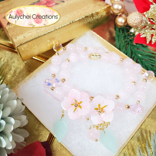 Rose Quartz Double Wrap Gemstone Bracelet with Resin Sakura Blossom Charm