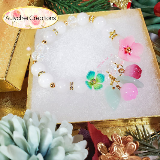 Glass Flower White Jade Gemstone Bracelet
