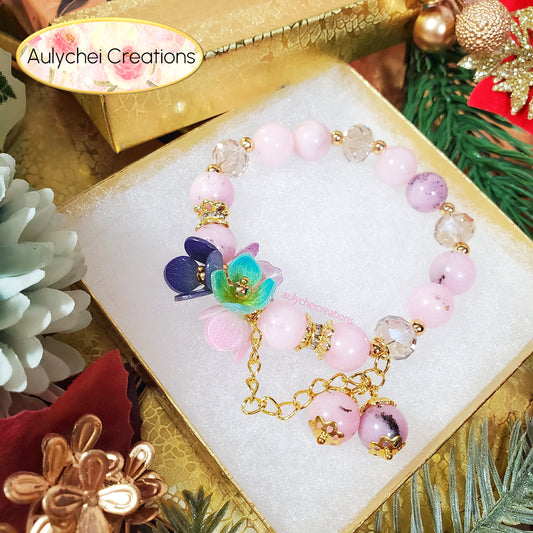 Resin Flower Dyed Pink Blossom Gemstone Bracelet