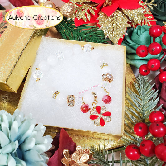 White Jade Gemstone Bracelet with Flower Enamel Charm