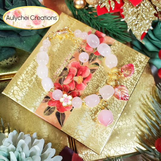 Rose Quartz Bracelet with Pink Glass Peach Charm