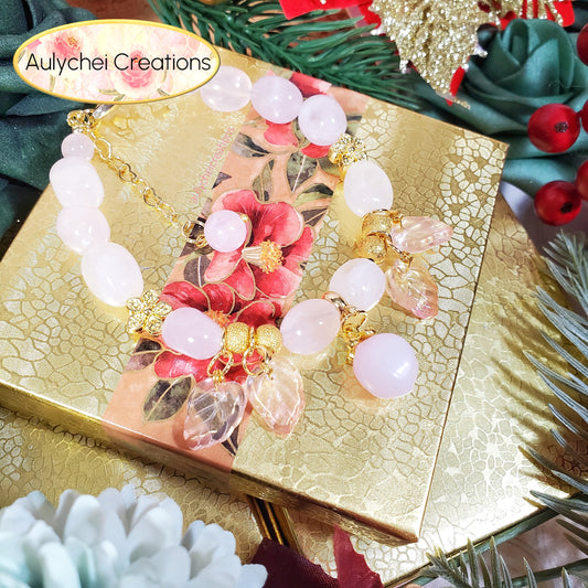 Rose Quartz Gemstone Bracelet with Rose Glass Peach Charm