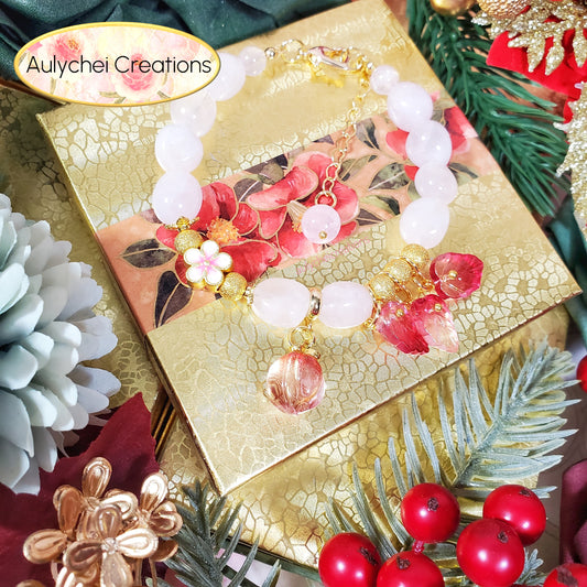 Rose Quartz Gemstone Bracelet with Red Glass Peach Charm