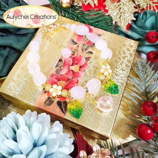 Rose Quartz Gemstone Bracelet with Green Glass Peach Charm