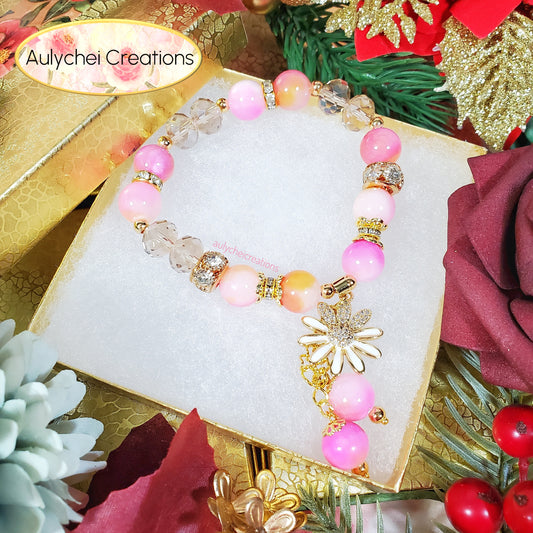 Pink Yellow Jade Gemstone Bracelet with 18K Daisy Enamel Charm