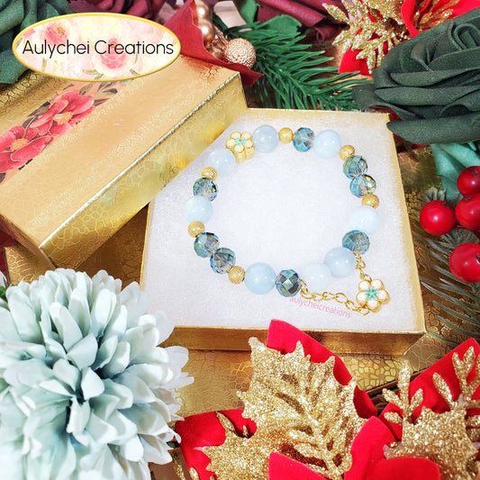 Blue Chalcedony Gemstone Bracelet with Sakura Blossom
