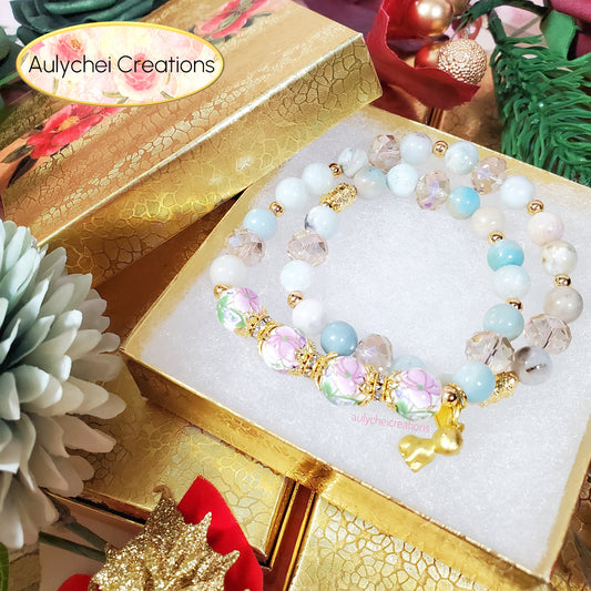 Amazonite Double Wrap Gemstone Bracelet with Gold Bunny Charm