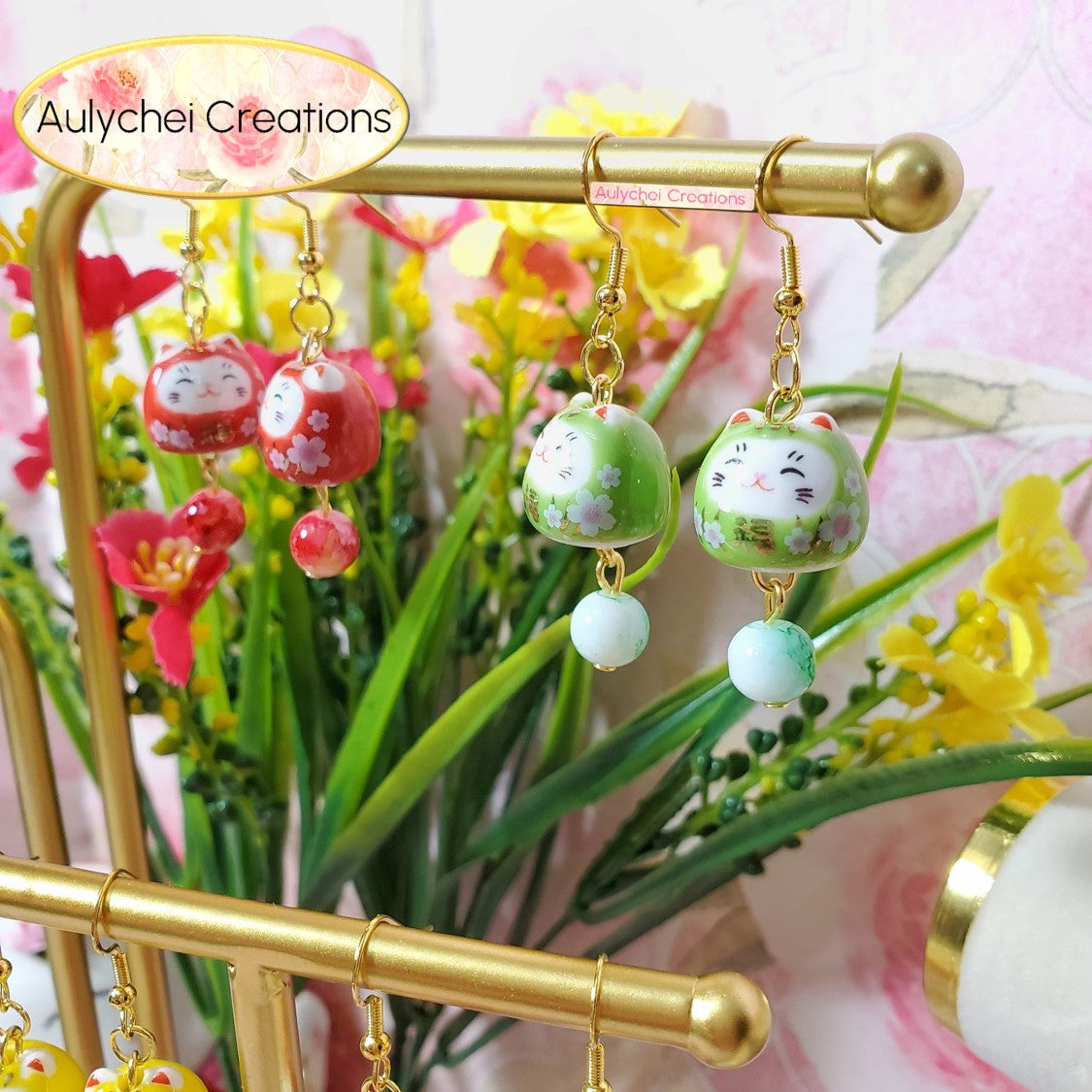 Pink Ceramic Neko Cat Dangle Earrings