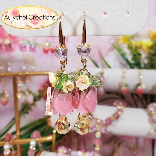 Beige 18K Cubic Zirconia Resin Tulip Dangle Earrings