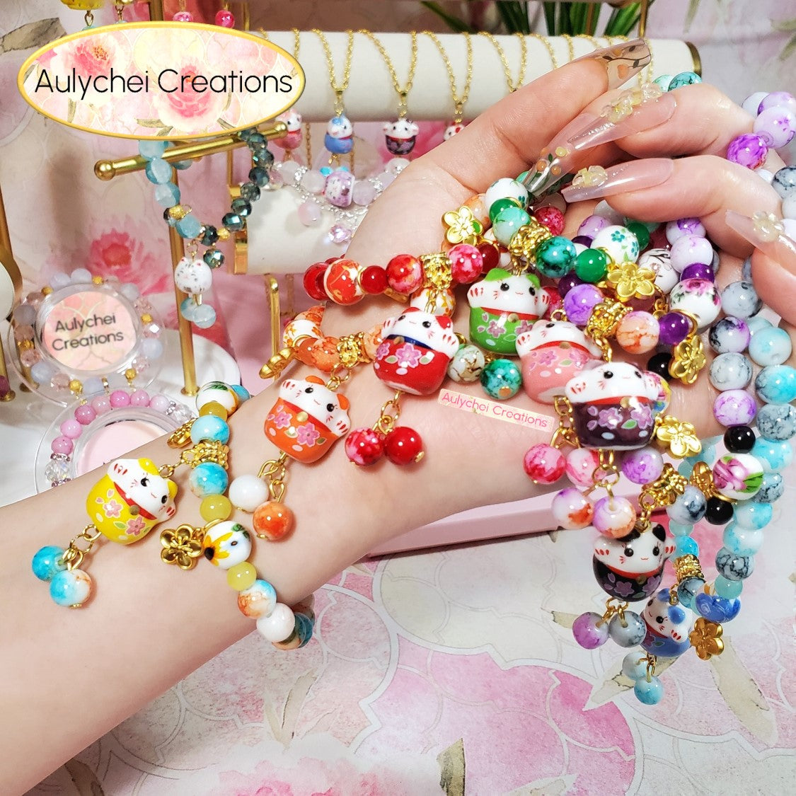 Pink Ceramic Neko Cat Cherry Blossom Bracelet