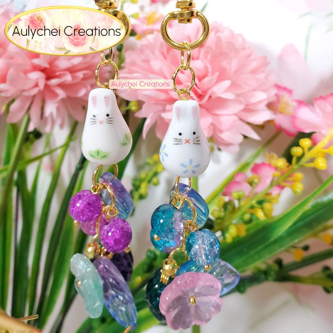 Ceramic Bunny Red Strawberry Flower Glass Keychain