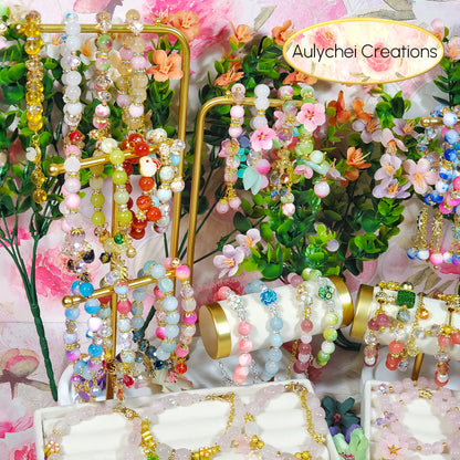 Yellow Green Jade Gemstone Lampwork Blossom Beaded Bracelet