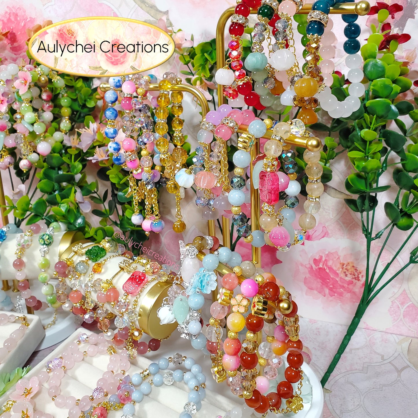 Gemstone Agate Pumpkin Rose Glass Bead Bracelet