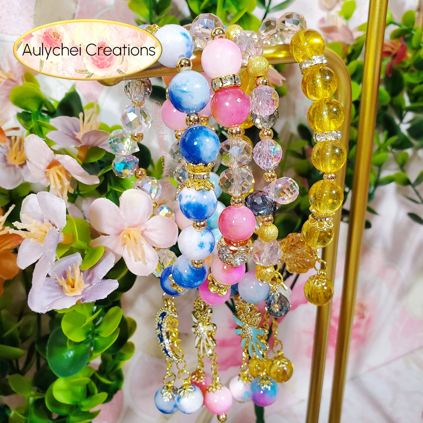Pink Yellow Jade Gemstone Bracelet with 18K Daisy Enamel Charm