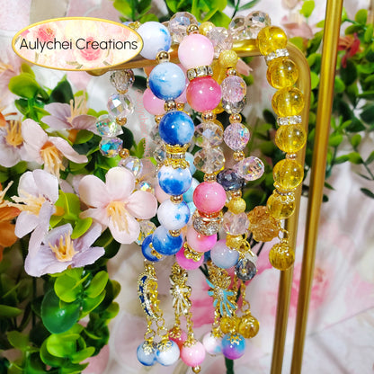 Pink Yellow Jade Gemstone Bracelet with 18K Daisy Enamel Charm
