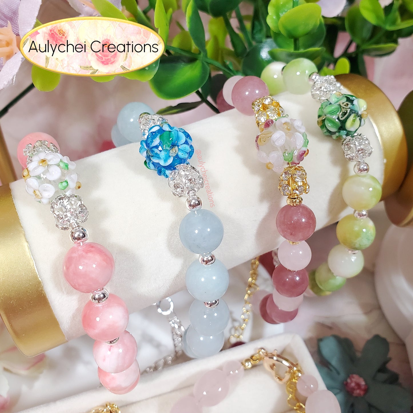 Strawberry Quartz Gemstone Lampwork Blossom Bracelet