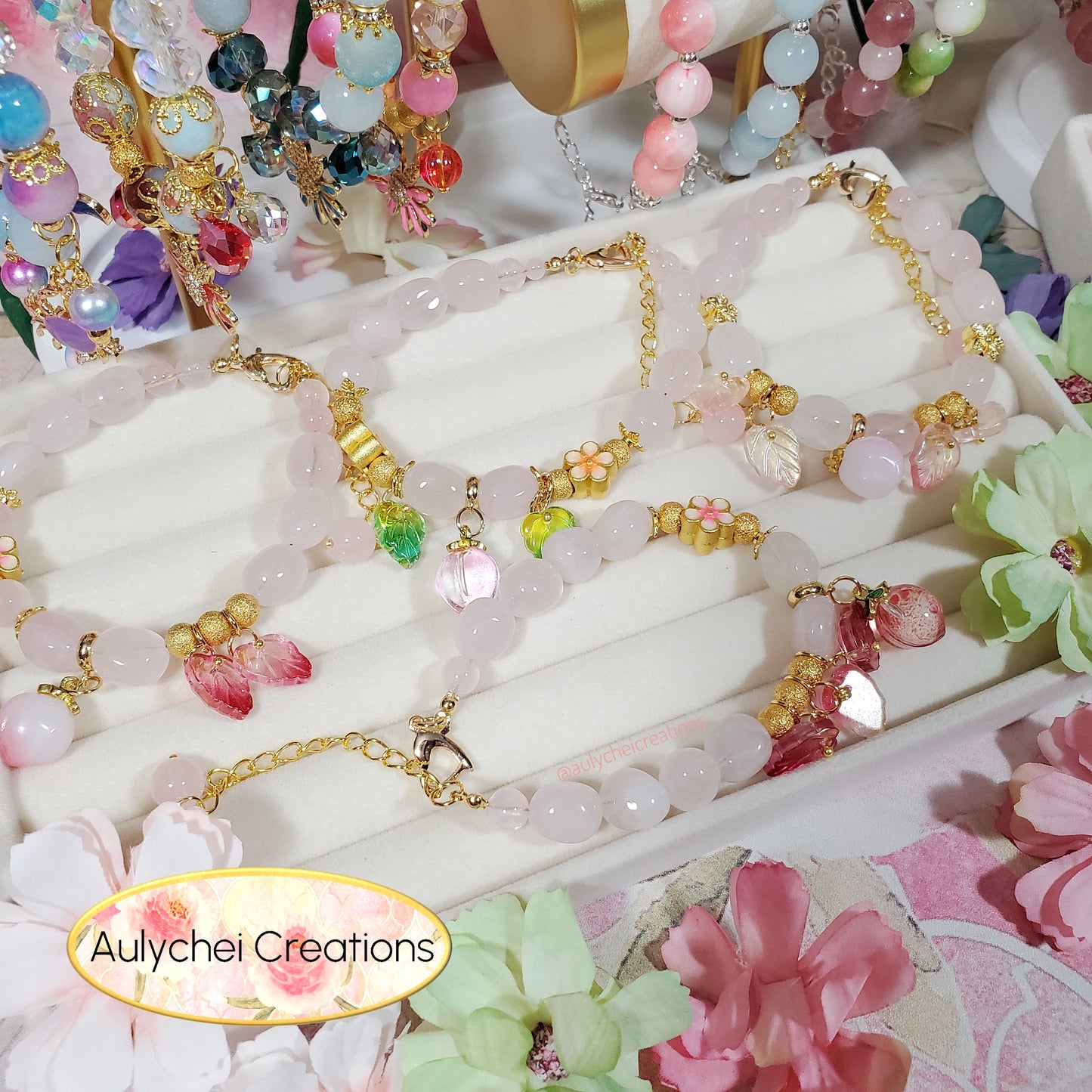 Rose Quartz Gemstone Bracelet with Green Glass Peach Charm