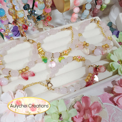 Rose Quartz Gemstone Bracelet with Green Glass Peach Charm