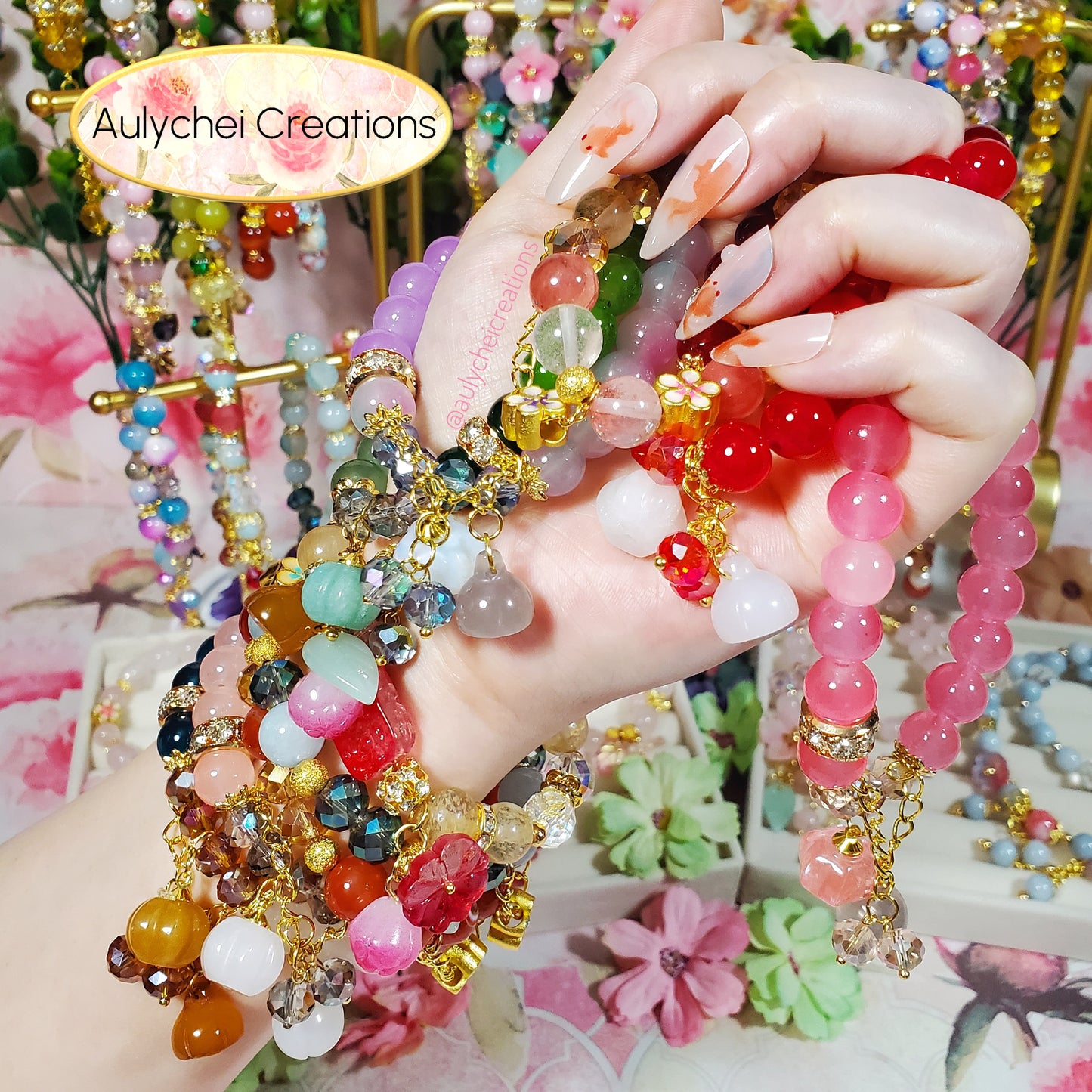 Gemstone Agate Pumpkin Rose Glass Bead Bracelet