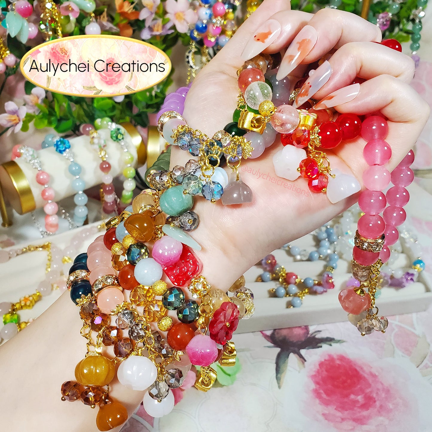 Glass Flower Pendant Rutilated Gemstone Bracelet