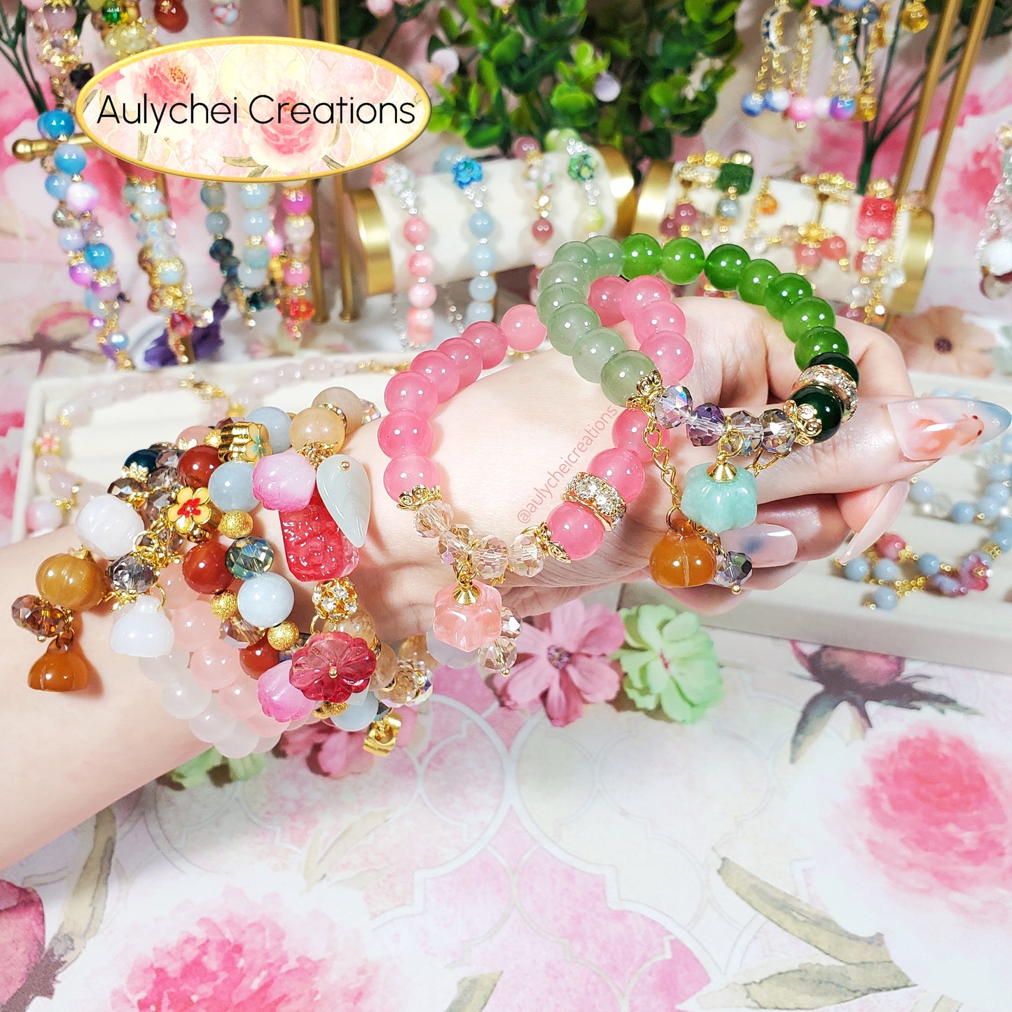 Gemstone Agate Pumpkin Rose Glass Bead Bracelet