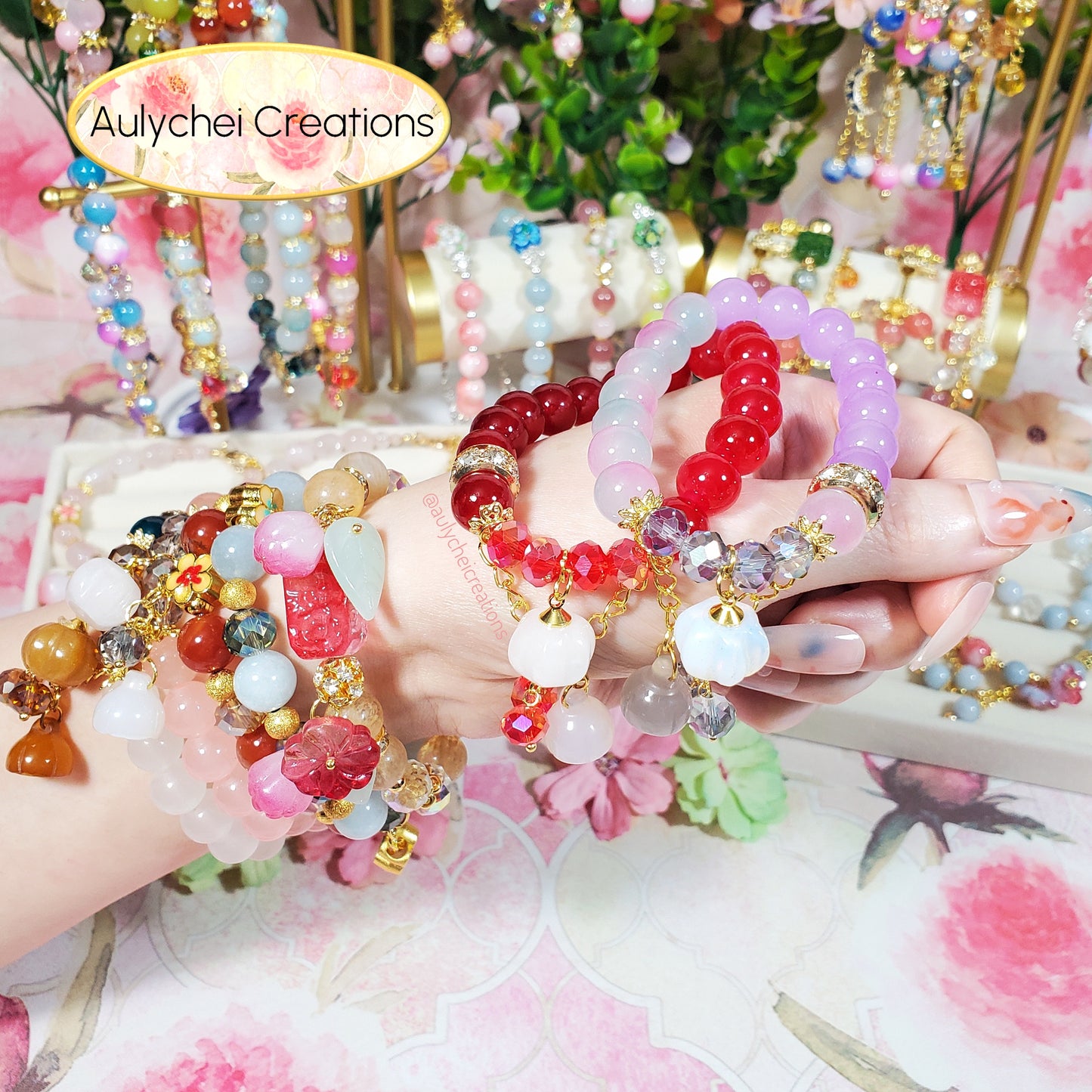 Gemstone Agate Pumpkin Rose Glass Bead Bracelet