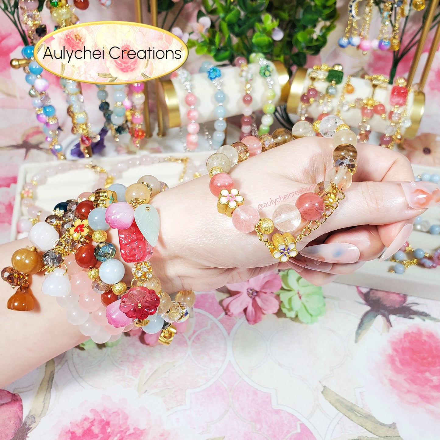 Watermelon Jade Gemstone Bracelet with Sakura Blossom