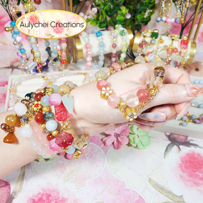 Watermelon Jade Gemstone Bracelet with Sakura Blossom