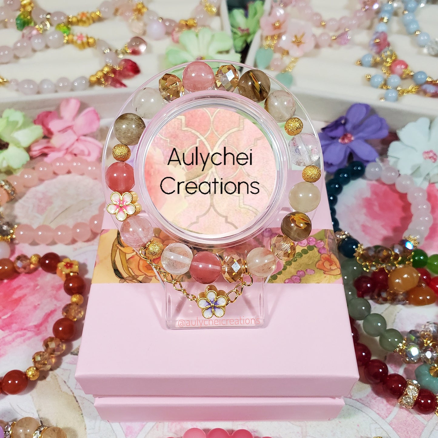 Watermelon Jade Gemstone Bracelet with Sakura Blossom