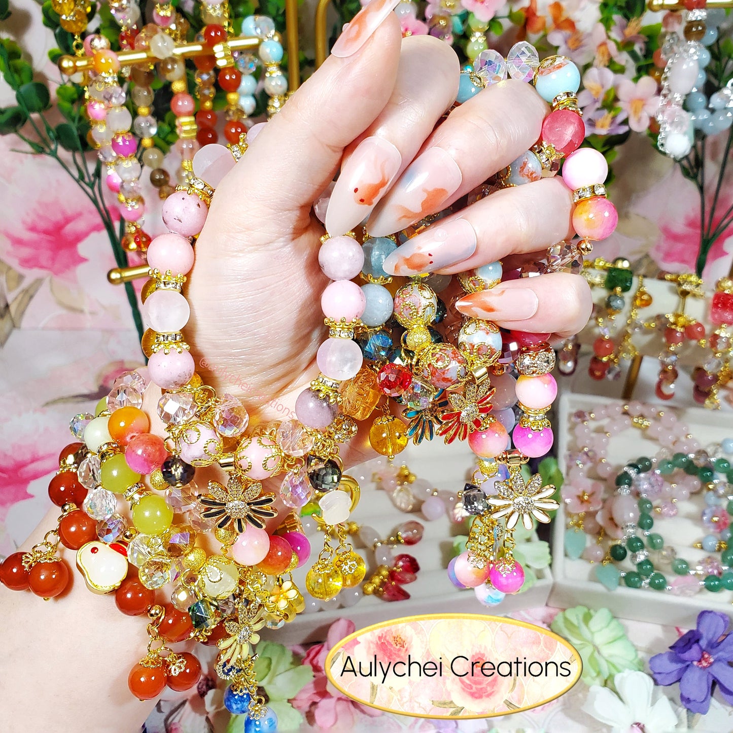 Yellow Jade Gemstone Bracelet with 18K Daisy Enamel Charm