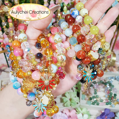 Yellow Jade Gemstone Bracelet with 18K Daisy Enamel Charm