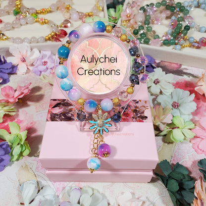 Blue Purple Jade Gemstone Bracelet with 18K Daisy Enamel Charm