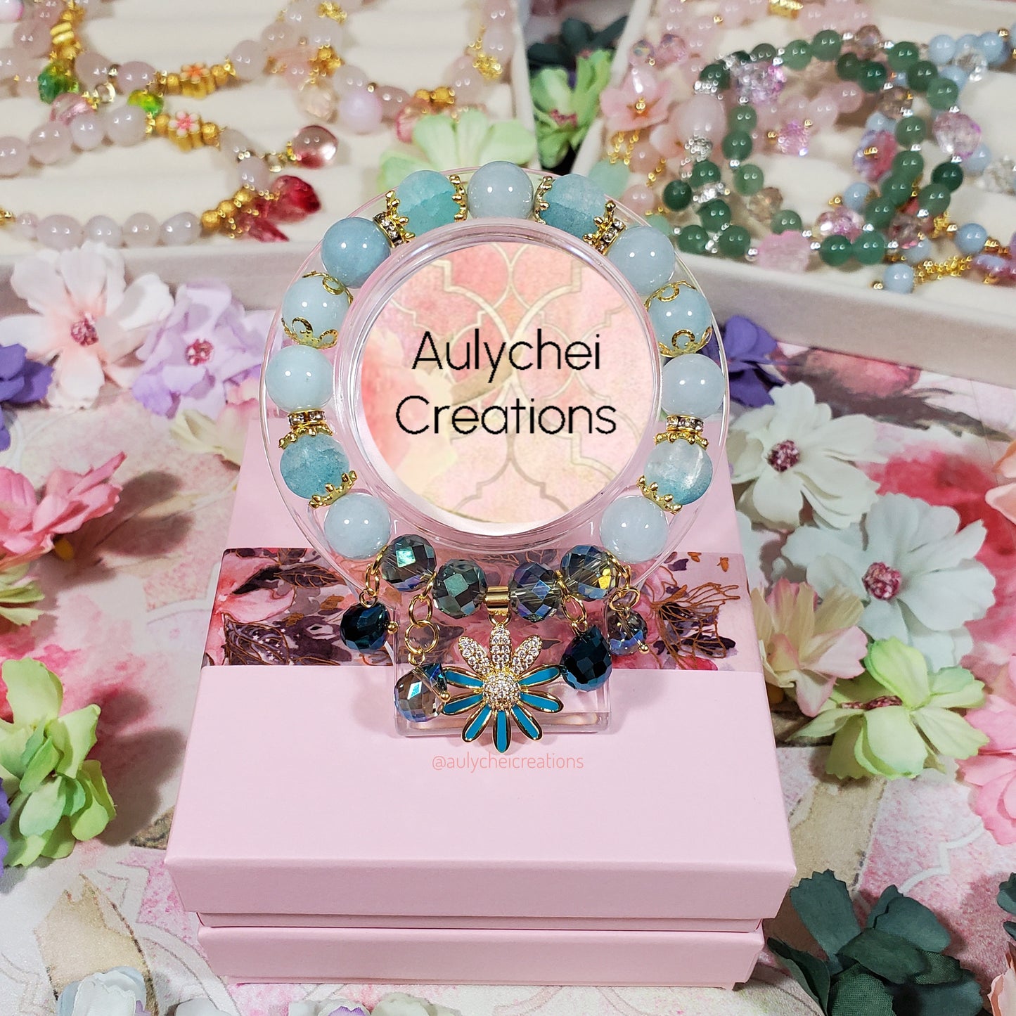 Blue Chalcedony Gemstone Bracelet with 18K Daisy Enamel Charm