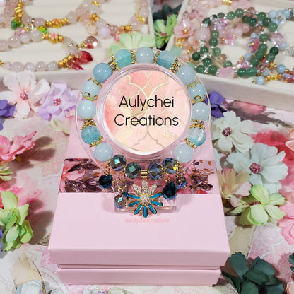 Blue Chalcedony Gemstone Bracelet with 18K Daisy Enamel Charm