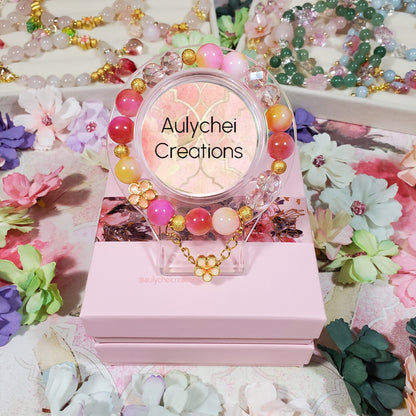 Pink Yellow Jade Gemstone Bracelet with Sakura Blossom