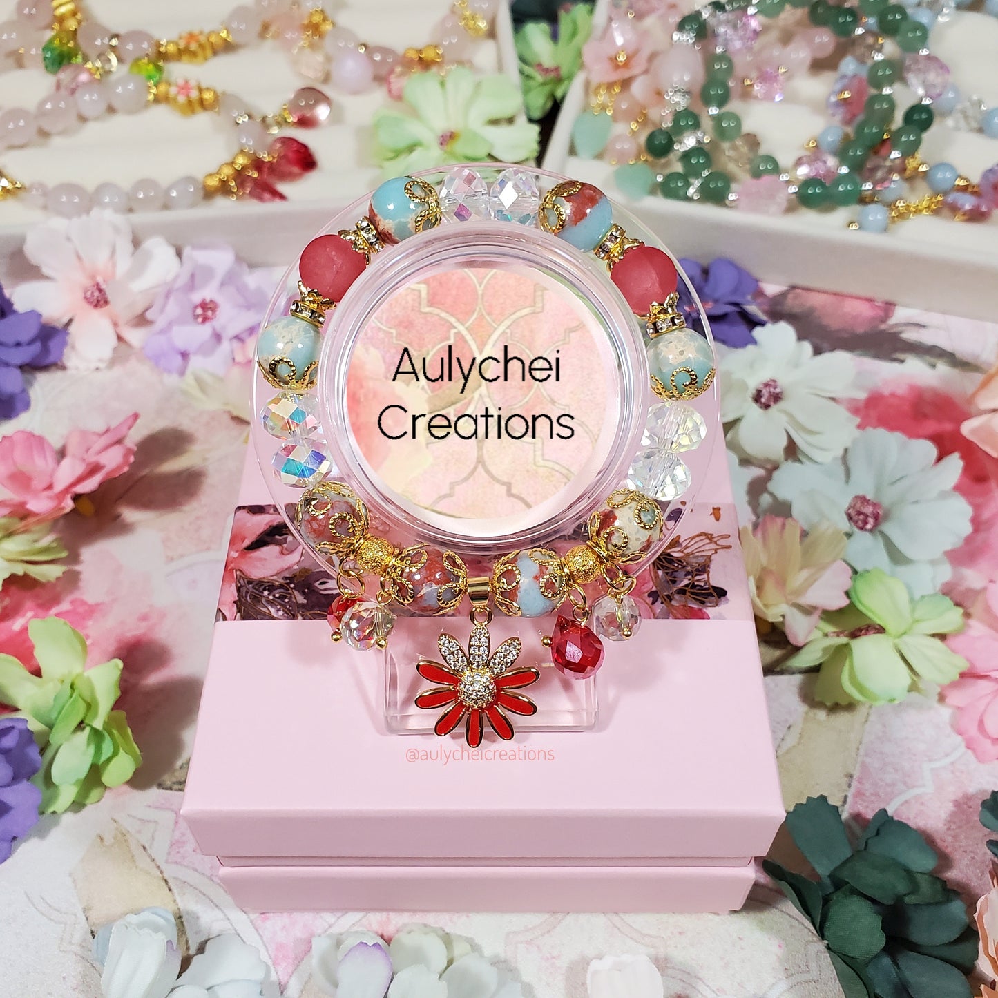 Blue Jasper Gemstone Bracelet with 18K Daisy Enamel Charm