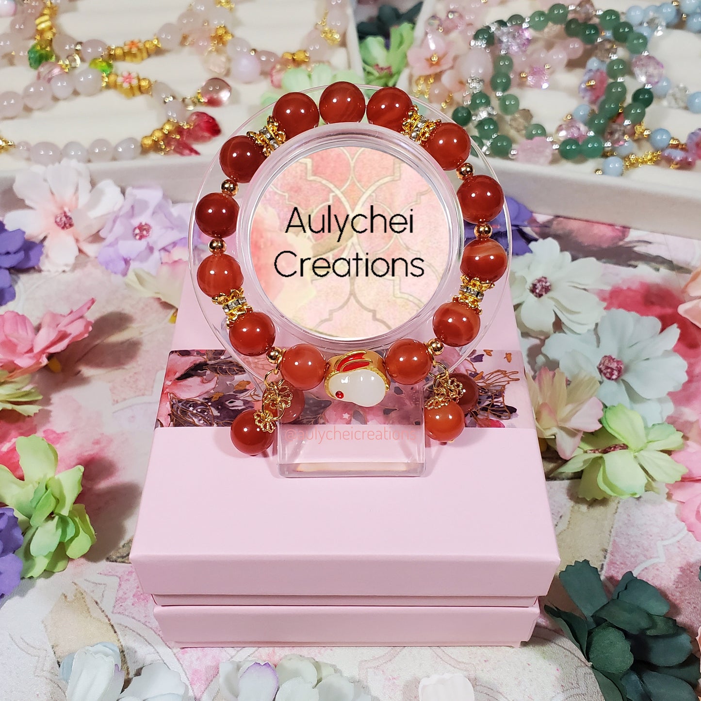 Red Agate Gemstone Bracelet with Jade Rabbit Charm