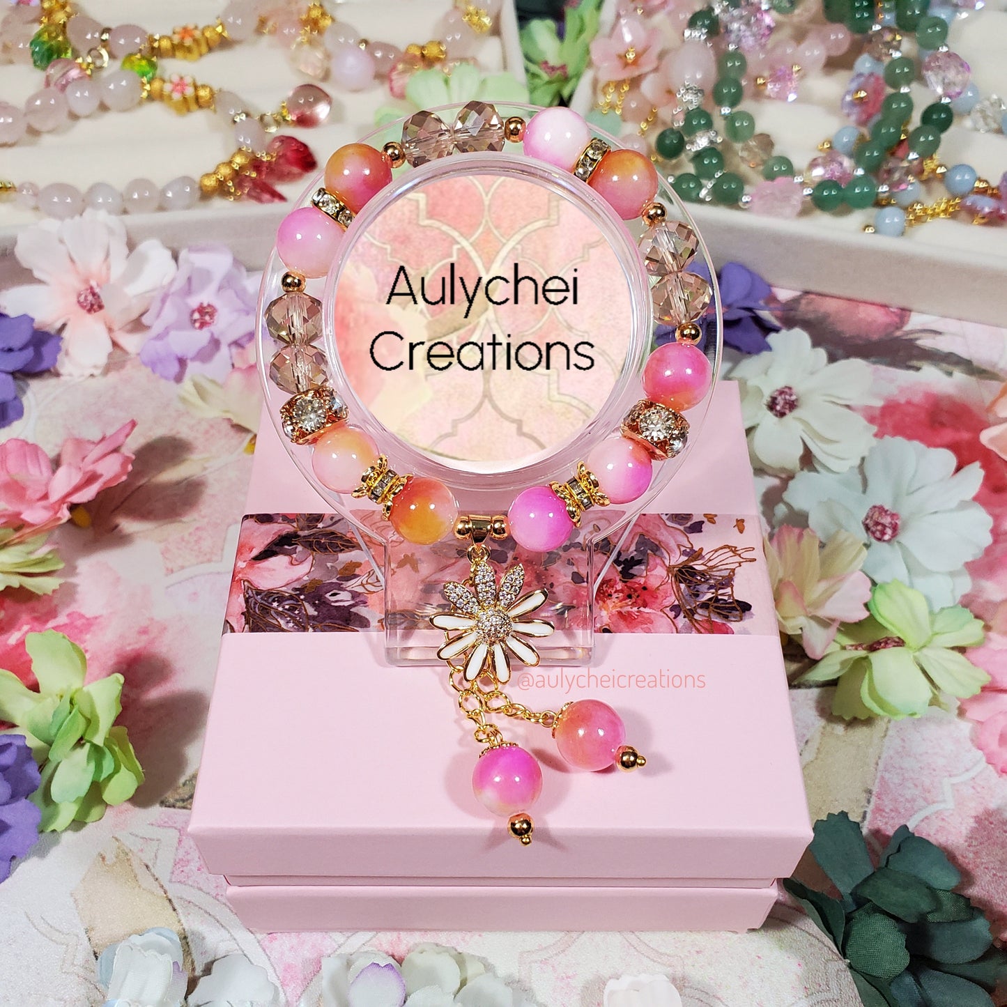 Pink Yellow Jade Gemstone Bracelet with 18K Daisy Enamel Charm