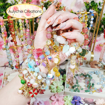 Watermelon Jade Gemstone Bracelet with Rose Quartz Pendant