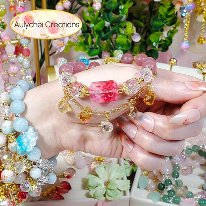 Gemstone Strawberry Quartz Beaded Flower Bracelet with Dangle Chain