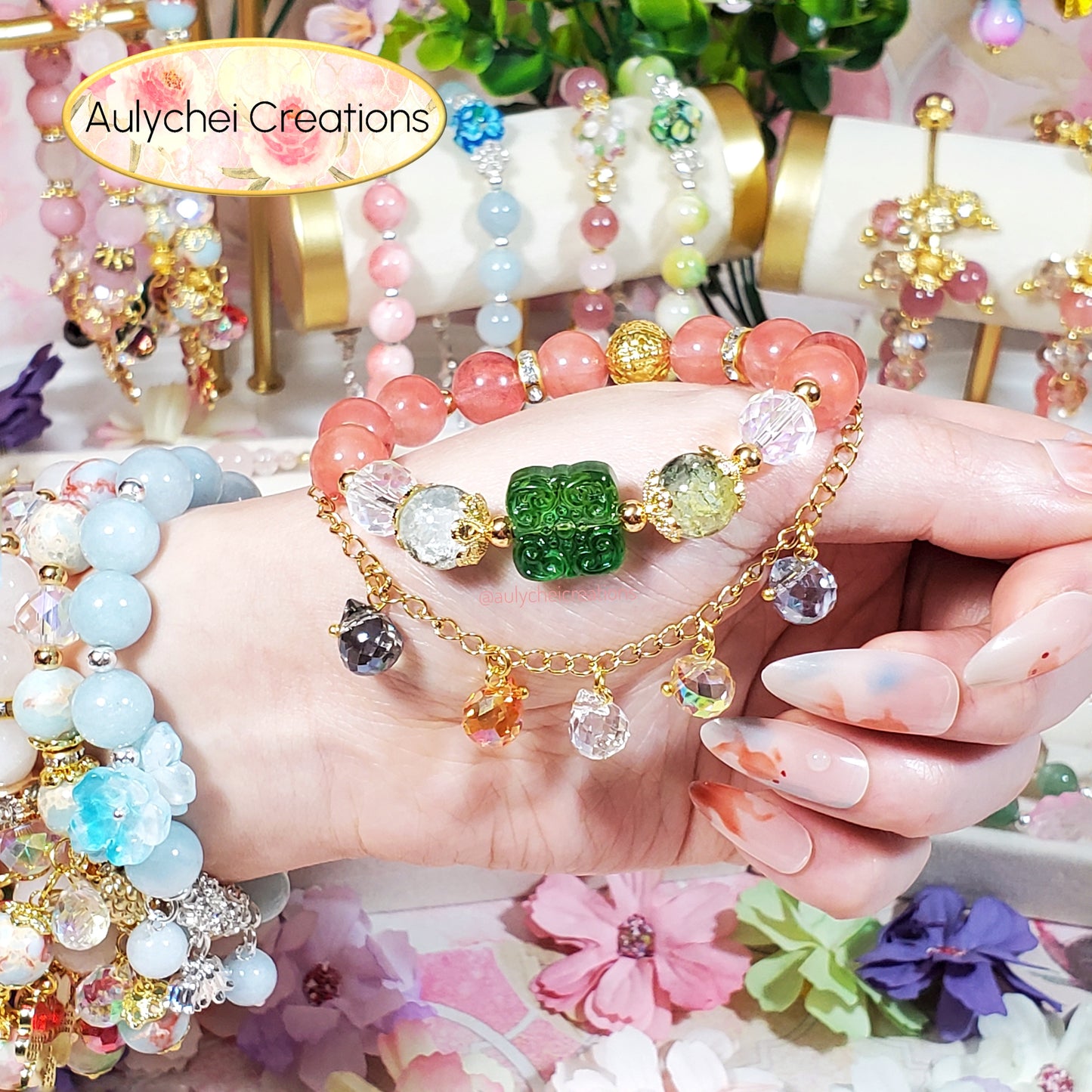 Glass Flower Pendant Cherry Quartz Gemstone Bracelet