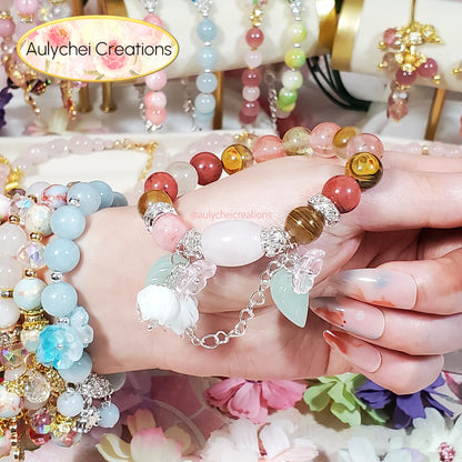 Watermelon Jade Gemstone Bracelet with Rose Quartz Pendant