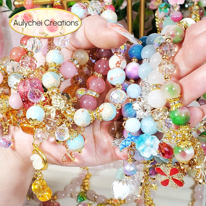 Watermelon Jade Gemstone Bracelet with Rose Quartz Pendant