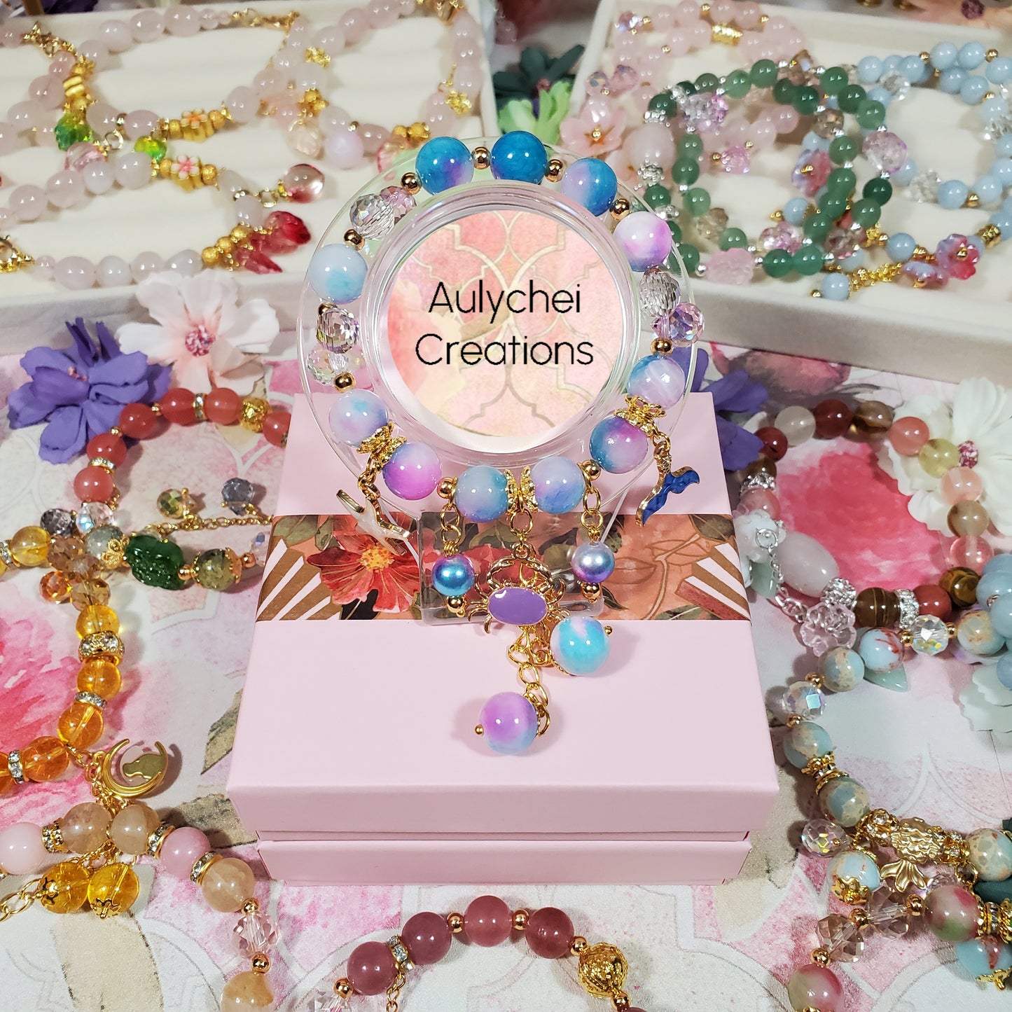 Blue-Purple Jade Gemstone Bracelet with Crab Enamel Charm