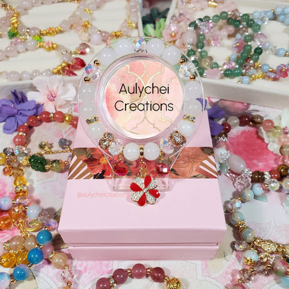 White Jade Gemstone Bracelet with Flower Enamel Charm