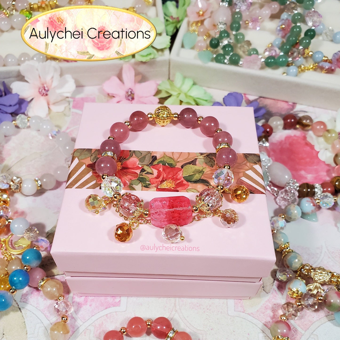 Gemstone Strawberry Quartz Beaded Flower Bracelet with Dangle Chain