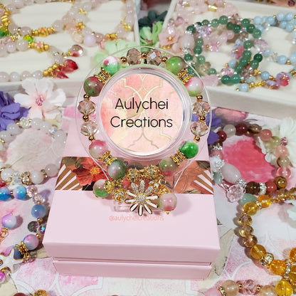 Watermelon Jade Gemstone Bracelet with Daisy Enamel Charm
