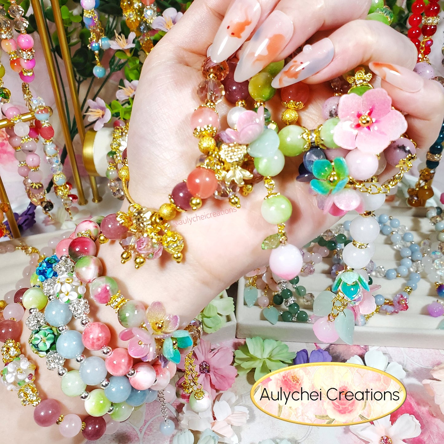 Yellow Green Jade Gemstone Lampwork Blossom Beaded Bracelet