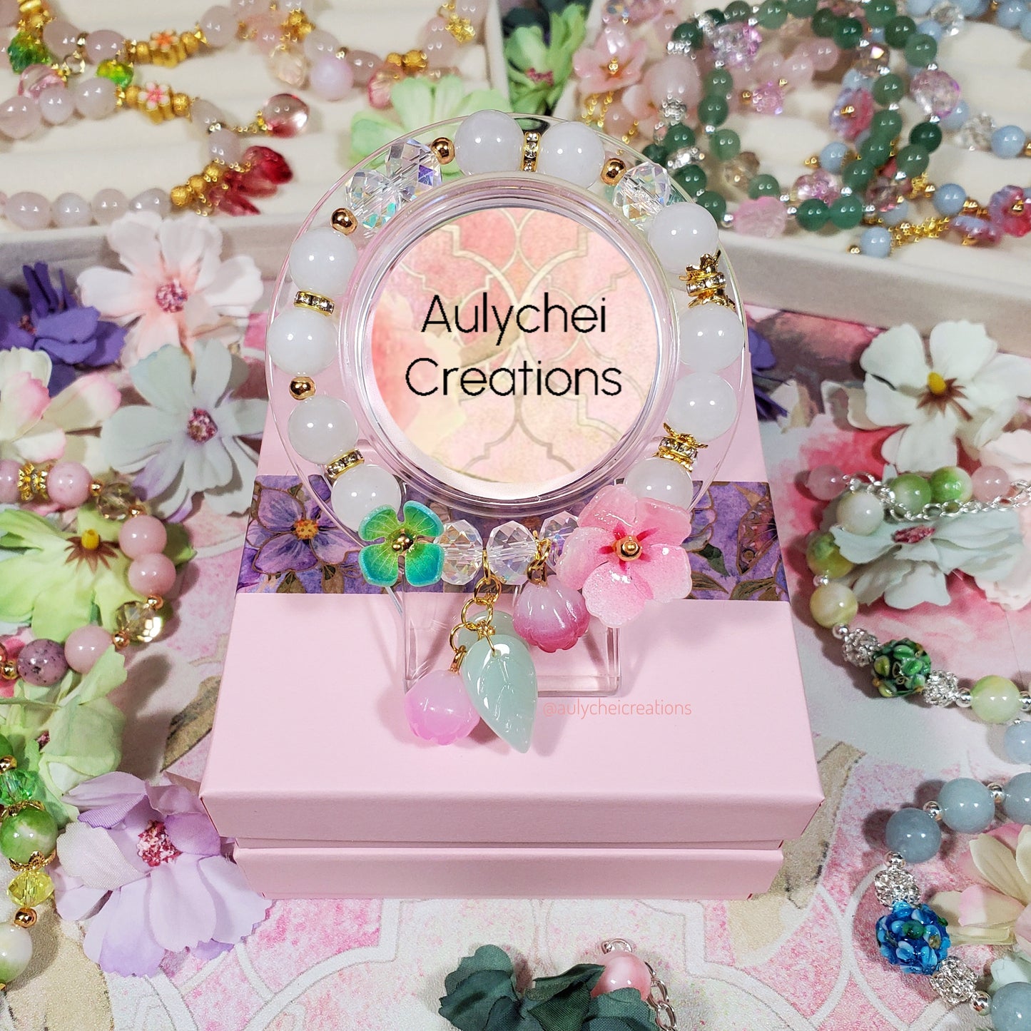 Glass Flower White Jade Gemstone Bracelet