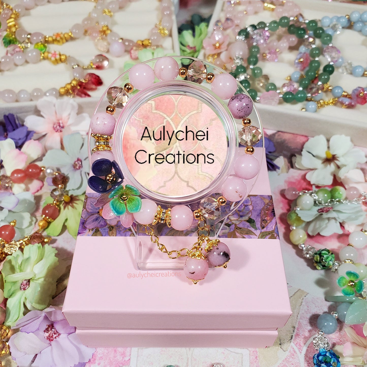 Resin Flower Dyed Pink Blossom Gemstone Bracelet